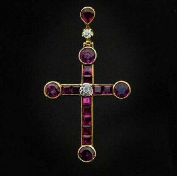 2Ct Princess Cut Dark Pink Ruby Cross Pendant 14K Yellow Gold Finish Free Chain