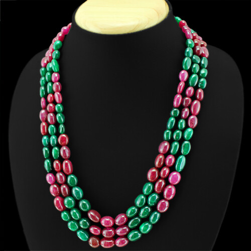 436.00 CT EARTH MINED RED RUBY & GREEN EMERALD 3 LINE ROUND BEADS NECKLACE (RS)