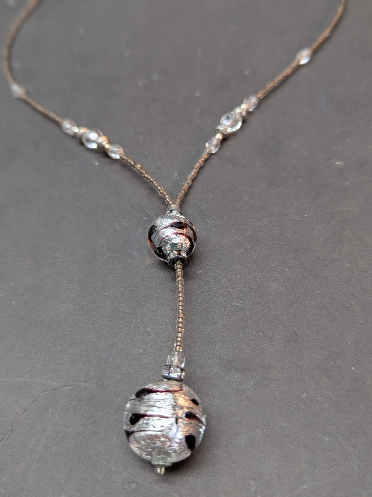 Clear Glass Beads Chain with Silver Plastic Tassels Pendant Lobster Lock 18 Inch