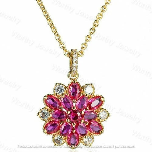 3Ct Oval Cut Red Ruby Flower Cluster Pendant 14K Yellow Gold Finish Free Chain