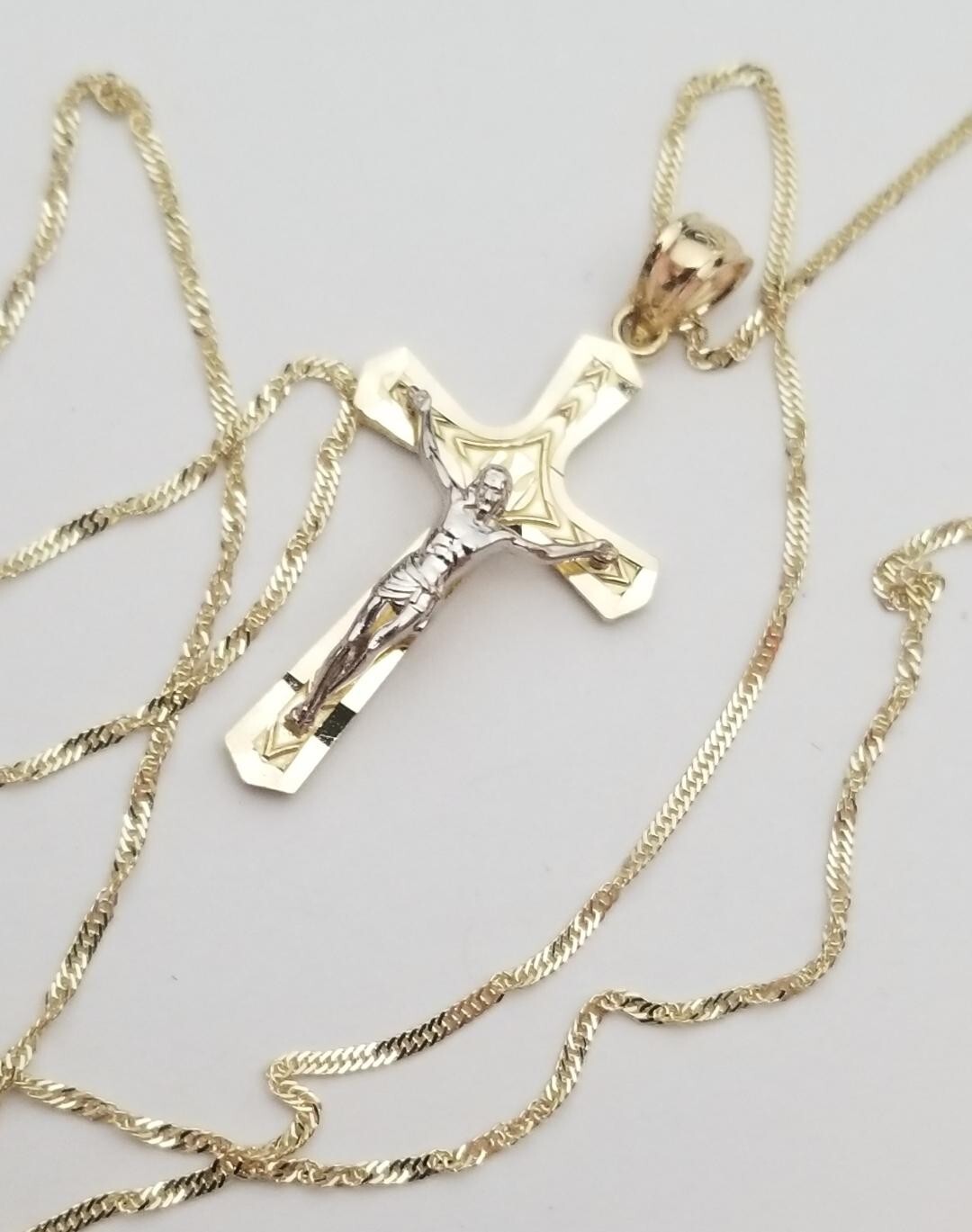 14k Real Solid Two Tone Gold-Yellow and White-Jesus Crucifix Religious Cross Pen