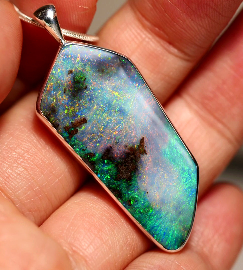 BIG Australia Natural Queensland Solid Boulder Opal Silver 925 Pendant Hallmark