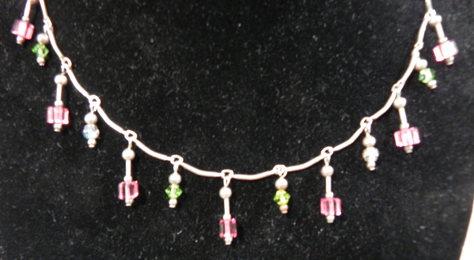 Dainty Sterling Silver Drop Station Necklace Curved Bar Link Pink crystal beads