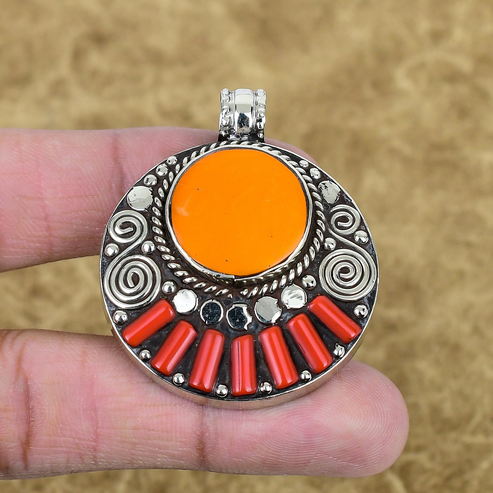 Yellow & Red Coral Pendant 925 Sterling Silver Tibetan Handmade Jewelry SC 2509