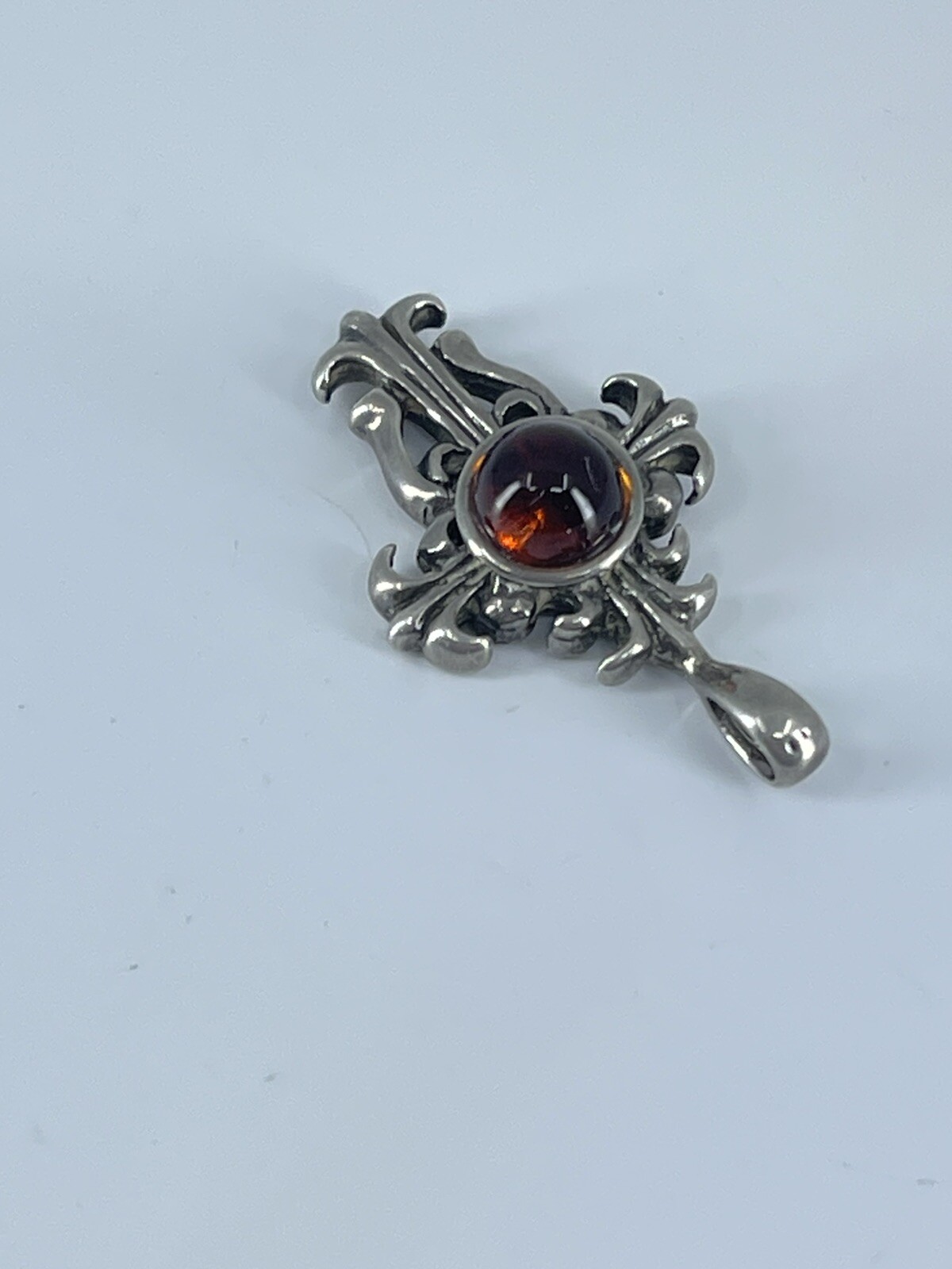 Sterling Silver Cross Pendant small orange cabochon filigree design 1-1/8″
