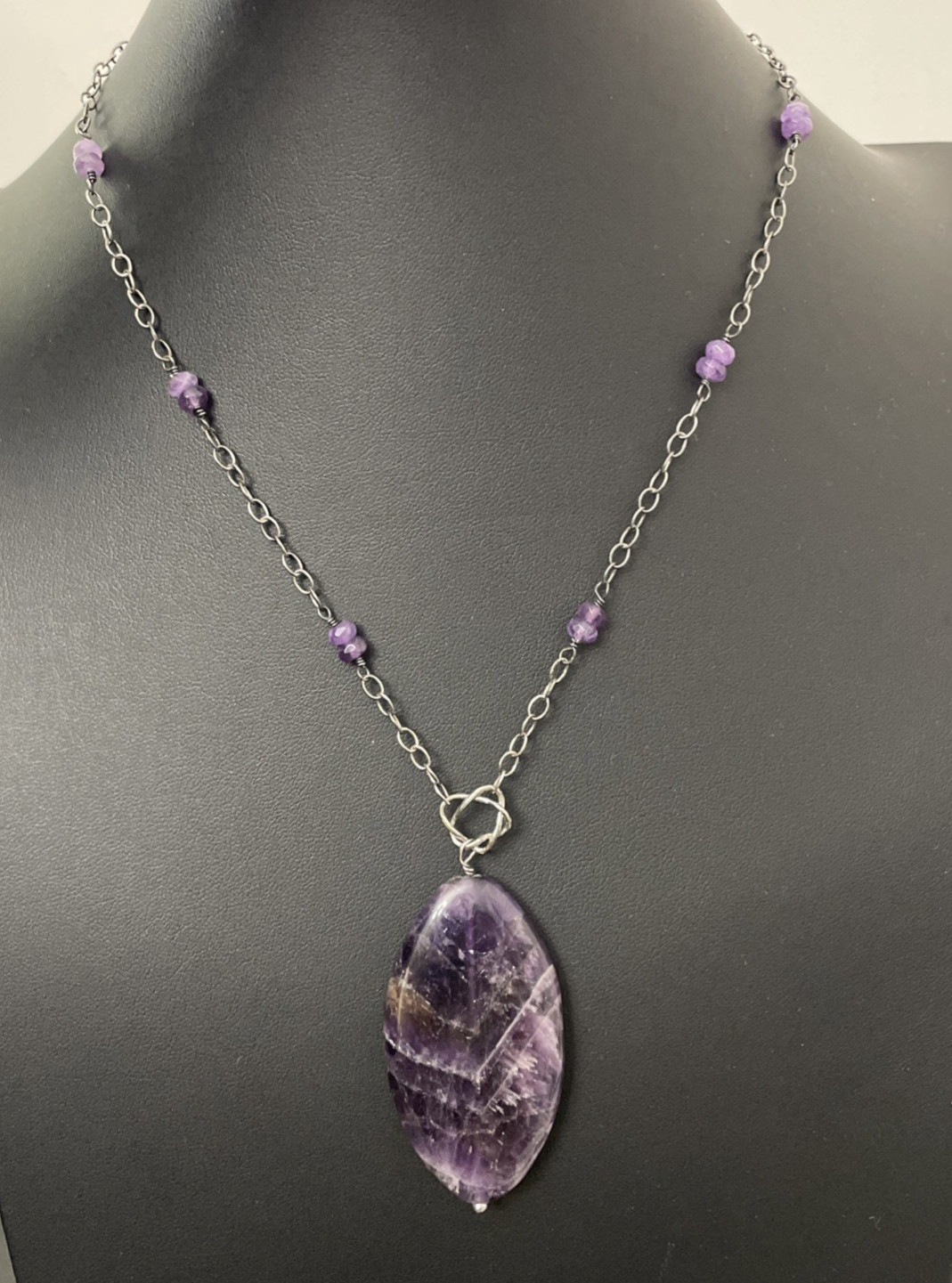 Sterling Silver & Amethyst Necklace Polished Stone Pendant Marked NF 925