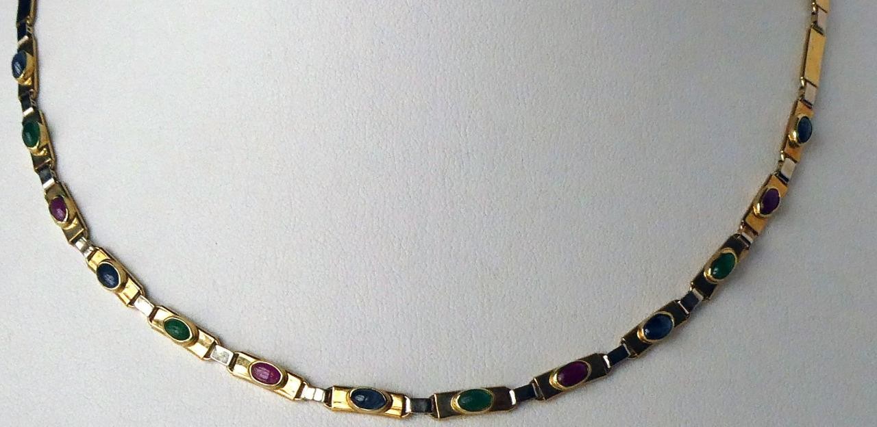 14k Gold Emerald Ruby Sapphire Multi Gems Cabochon Necklace Italy 14.3gr 17.5″