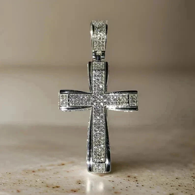 14K White Gold Plated 2TCW Round LabCreated Diamond Men’s Cross Pendant 1.5 inch