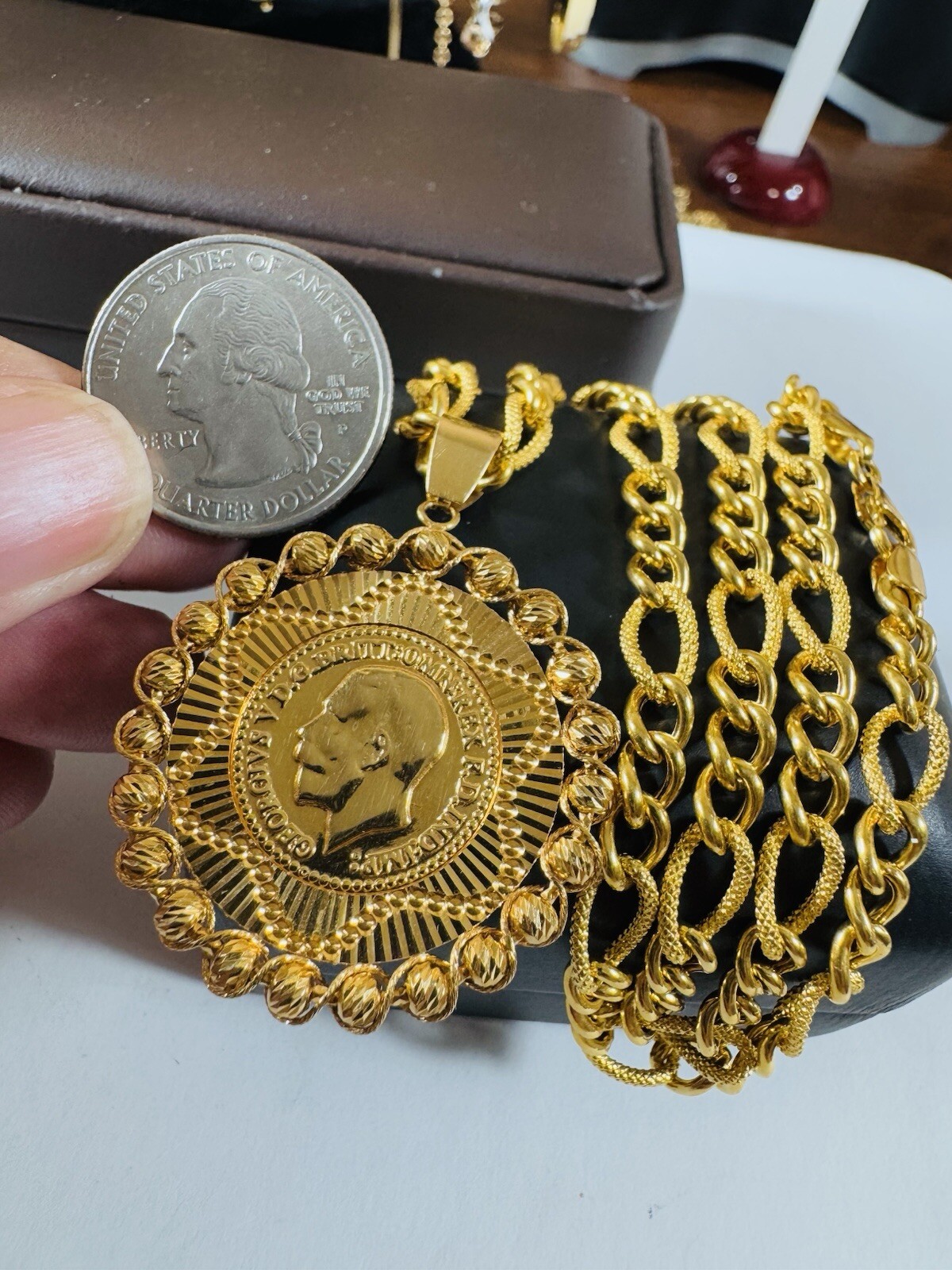 Solid 22K 916 Fine Yellow Dubai Real Gold 18” Long Coin Set Necklace 5.5mm 18.3g