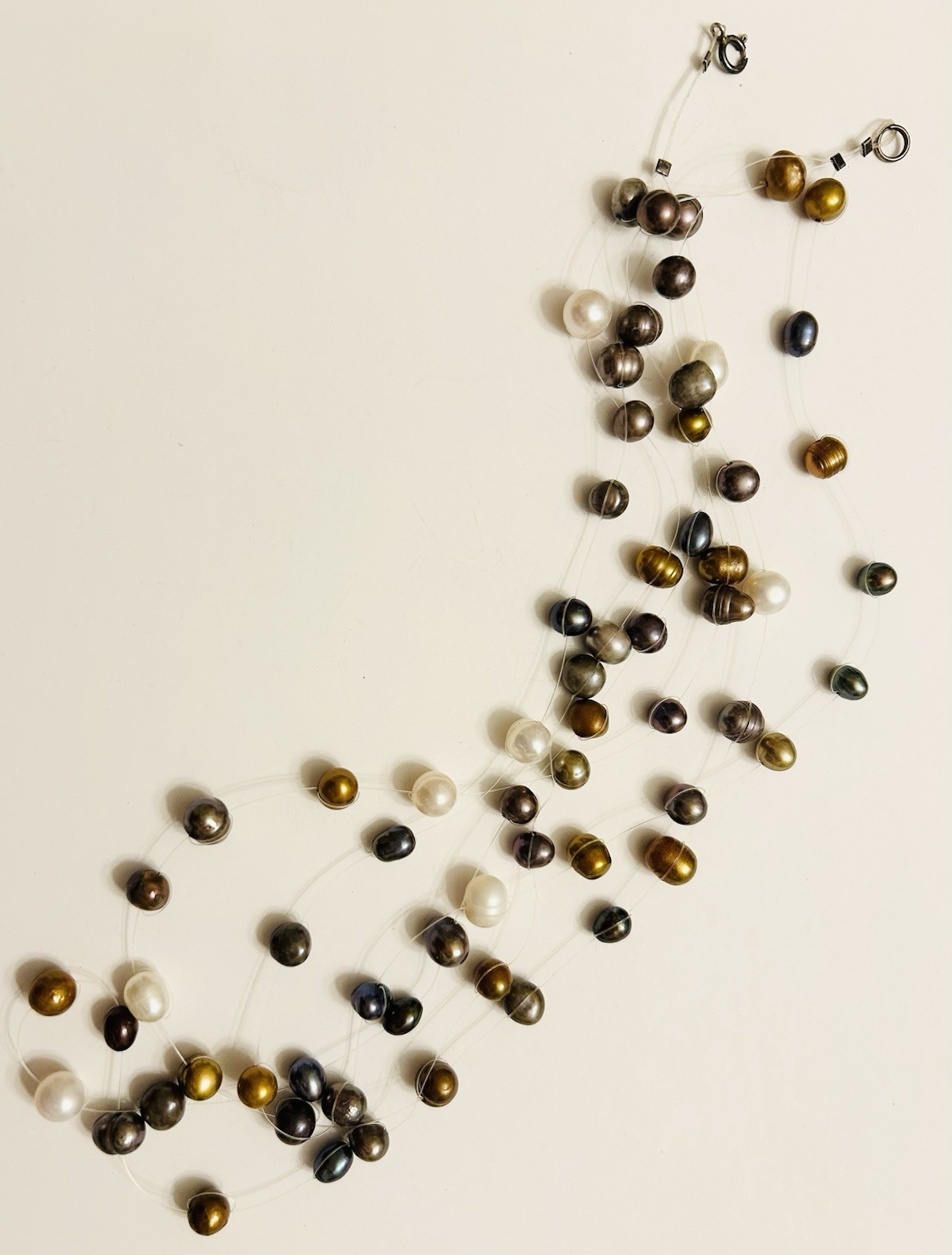 Sterling 925 Multi Strand Necklace Pearl Tahitian Colorful Invisible String