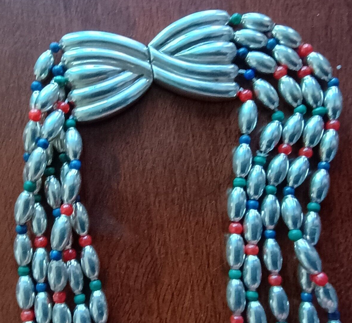 4.9 OZ. STERLING SILVER NECKLACE, WITH RED, GREEN, BLUE STONE BEADS, SIGNED NR