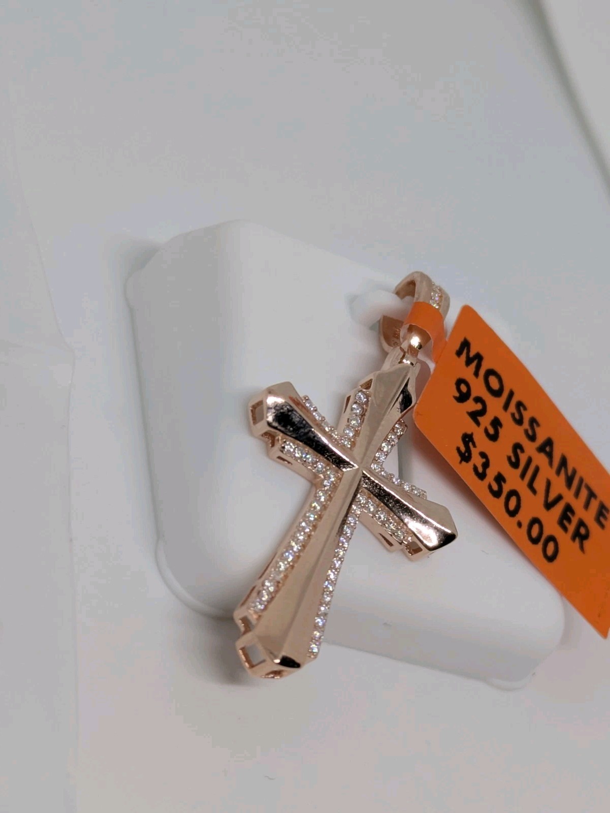 New W/Tag 1.50CTW Moissanite 18K Rose Gold Vermeil Cross+Chain 16-17in. Adjusted