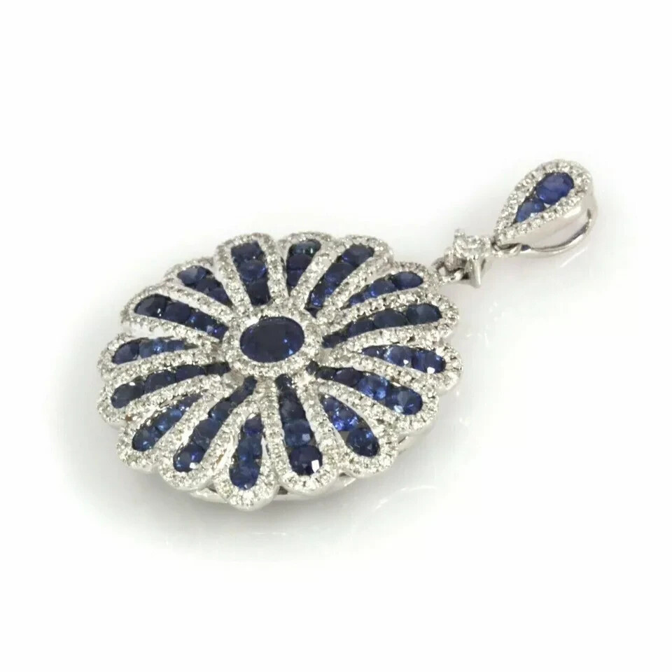 Sapphire 2Ct Lab Created Round Cut Flower Pendant 14K White Gold Finish Chain