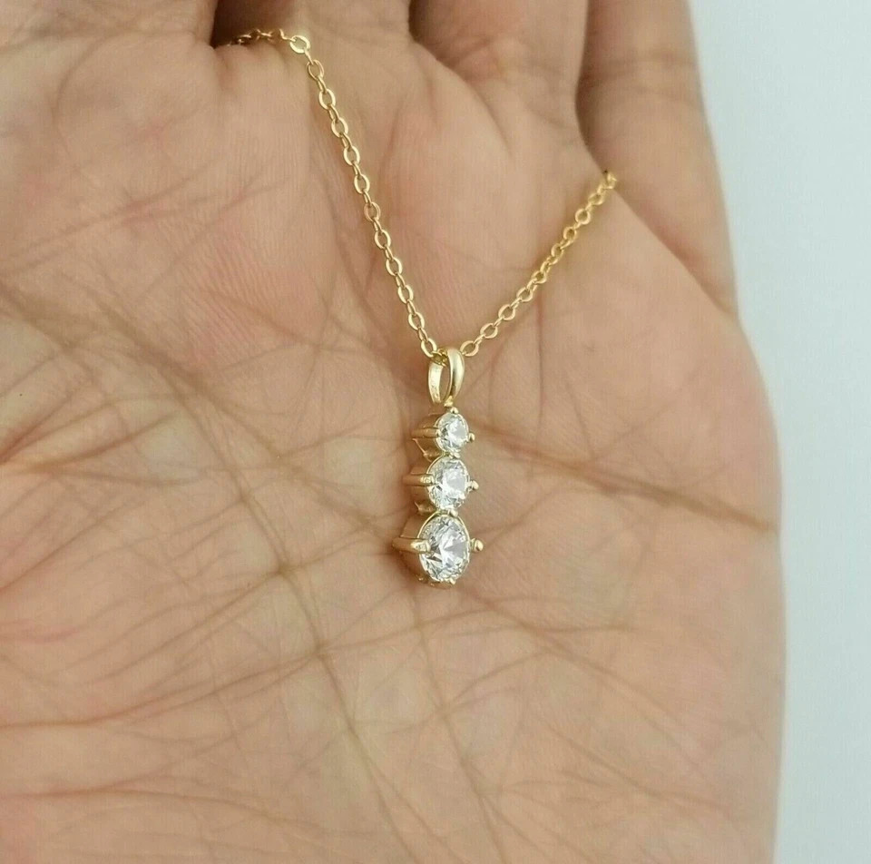 2Ct Round Cut Real Moissanite Three-Stone Journey Pendant 14K Yellow Gold Plated
