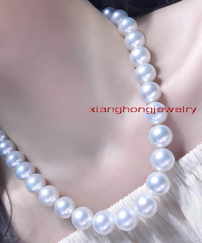 Australia TOP 18”13-15mm round natural REAL south sea white pearl necklace 14k