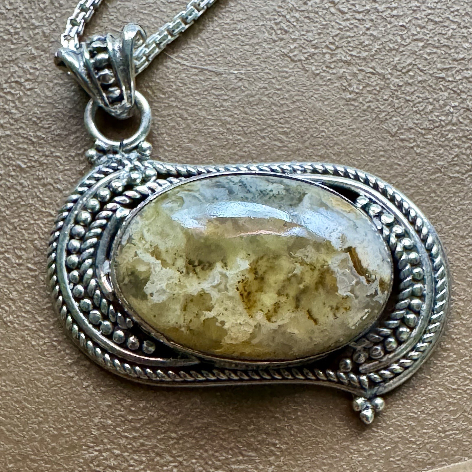 Bezel Set Jasper Cabochon Stone In Detailed Silver With 18in NB India Box Chain