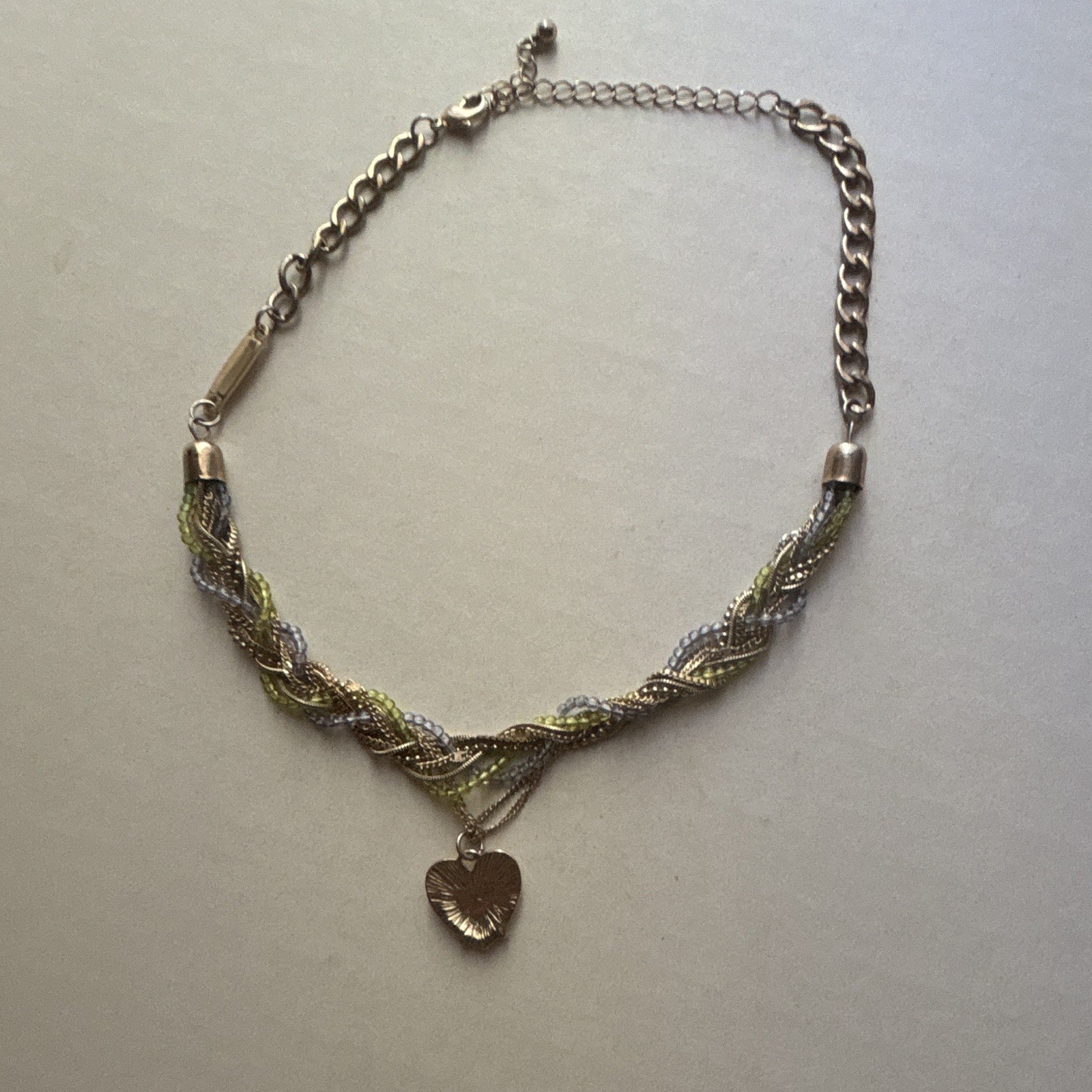 VTG Multicolor Mixed Gold tone braided Chain Necklace Heart Charm Adjust. 16in