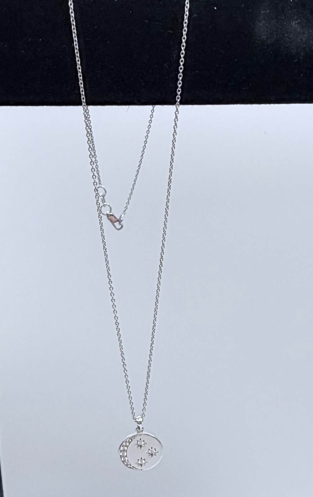 14 kt White Gold Disc/Diamond Moon/Stars 18″ Necklace