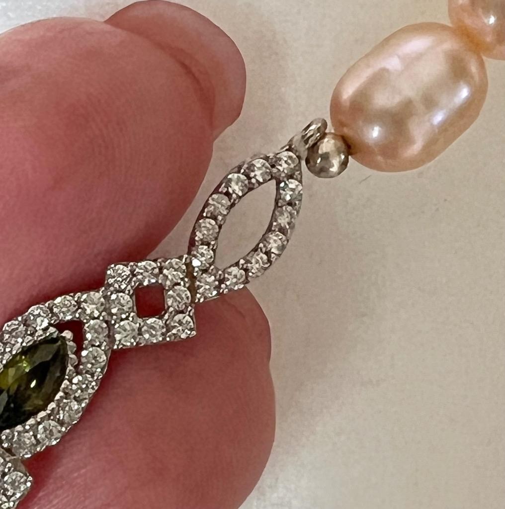 REAL PERIDOT Pearl SAPPHIRE 14K W Gold on SOLID 925 Drop Necklace PINK Victorian