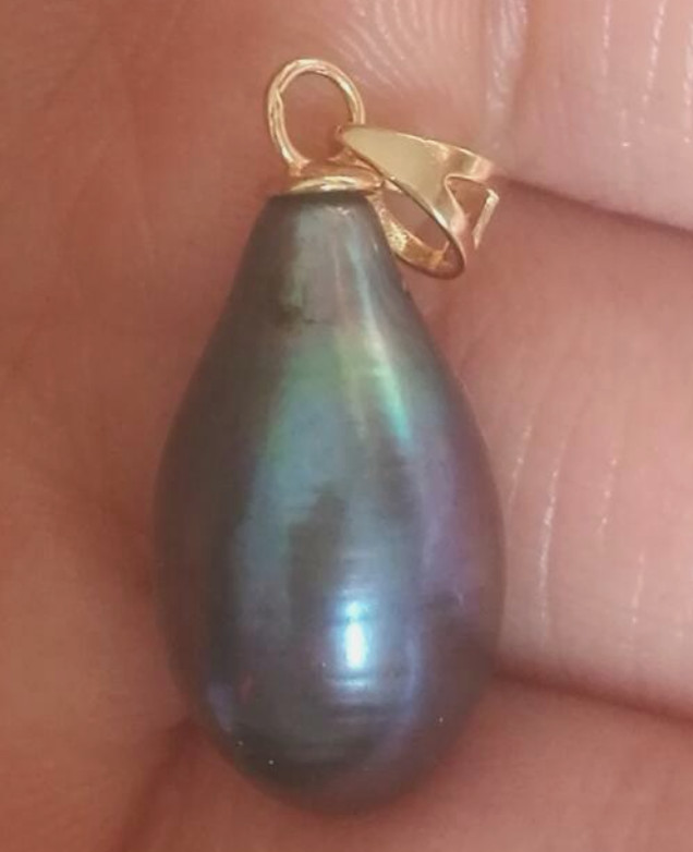 Huge AAA+ 10.5-16mm real natural south sea black green pearl pendant 14k gold