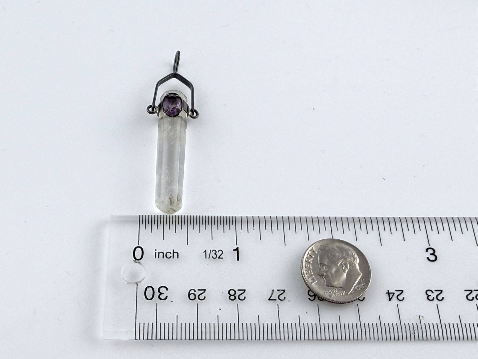 Sterling Silver Quartz Point with Amethyst Accent Pendant 5.4g 2 1/8 Inches