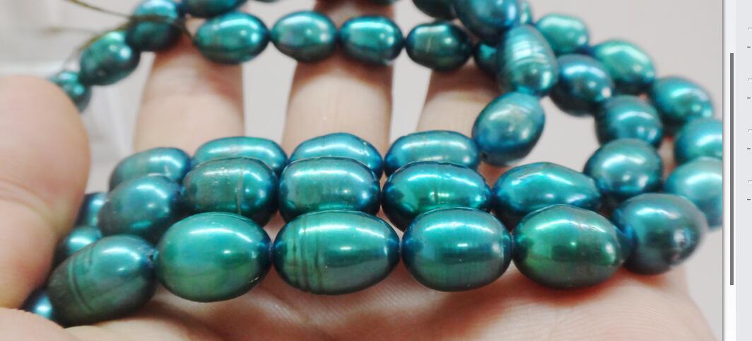 Huge 22″10x14mm natural south sea genuine green blue peacock pearl necklace 14K