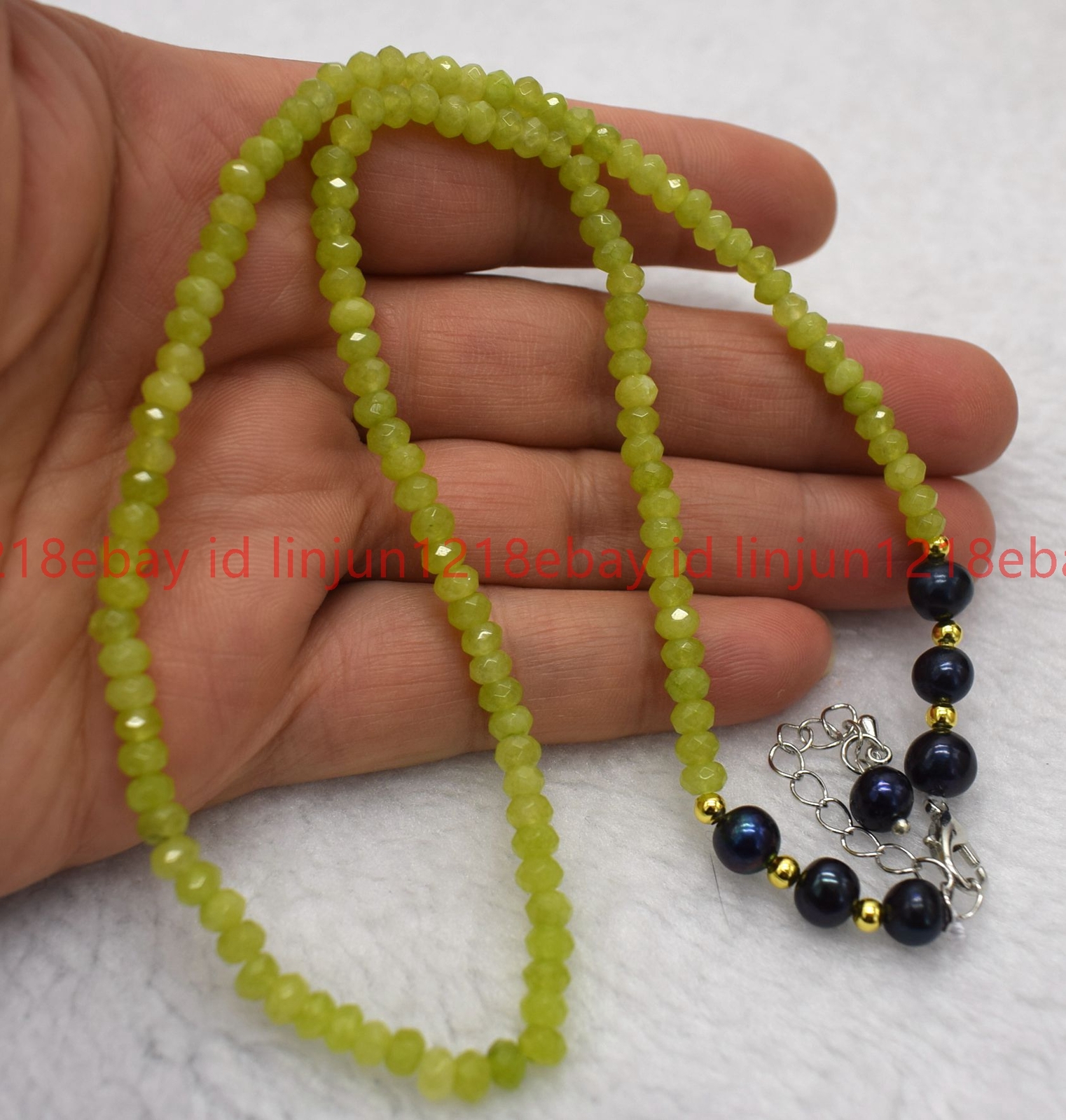 Faceted 2x4mm Green Peridot Rondelle Gemstone Beads Black Pearl Necklace 16-28in