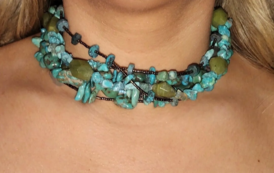 Vintage ? Native American ?Stone Bead Choker 6Row Necklace Turquoise Nuggets 925