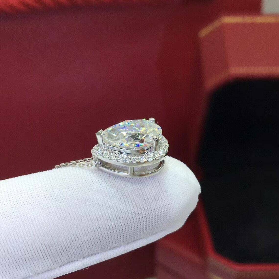 2Ct Pear Cut Diamond Halo Teardrop Pendant 14K White Gold Finish 18″ Free Chain