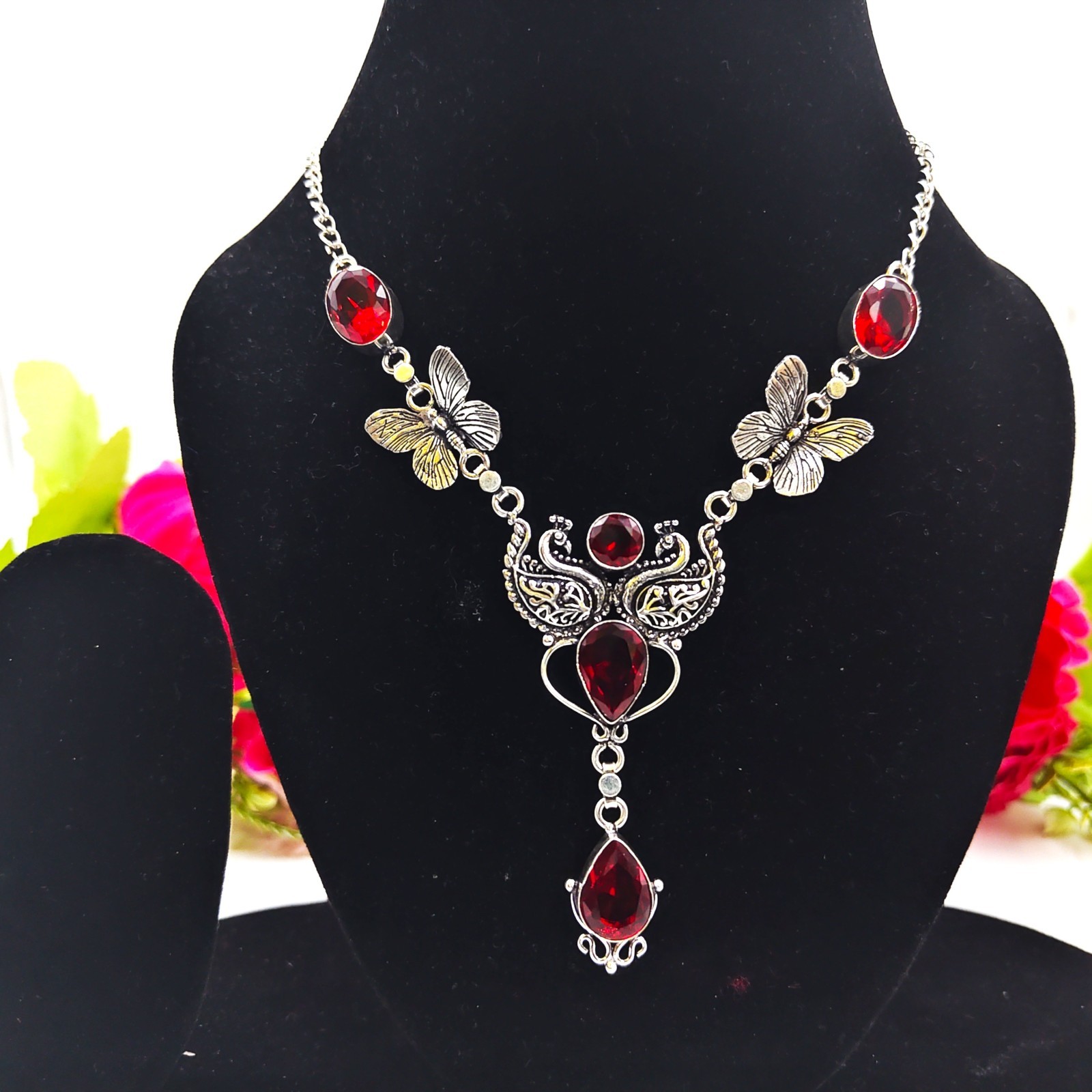 Red Garnet Gemstone Handmade 925 Sterling Silver Jewelry Necklace Size-17-18″