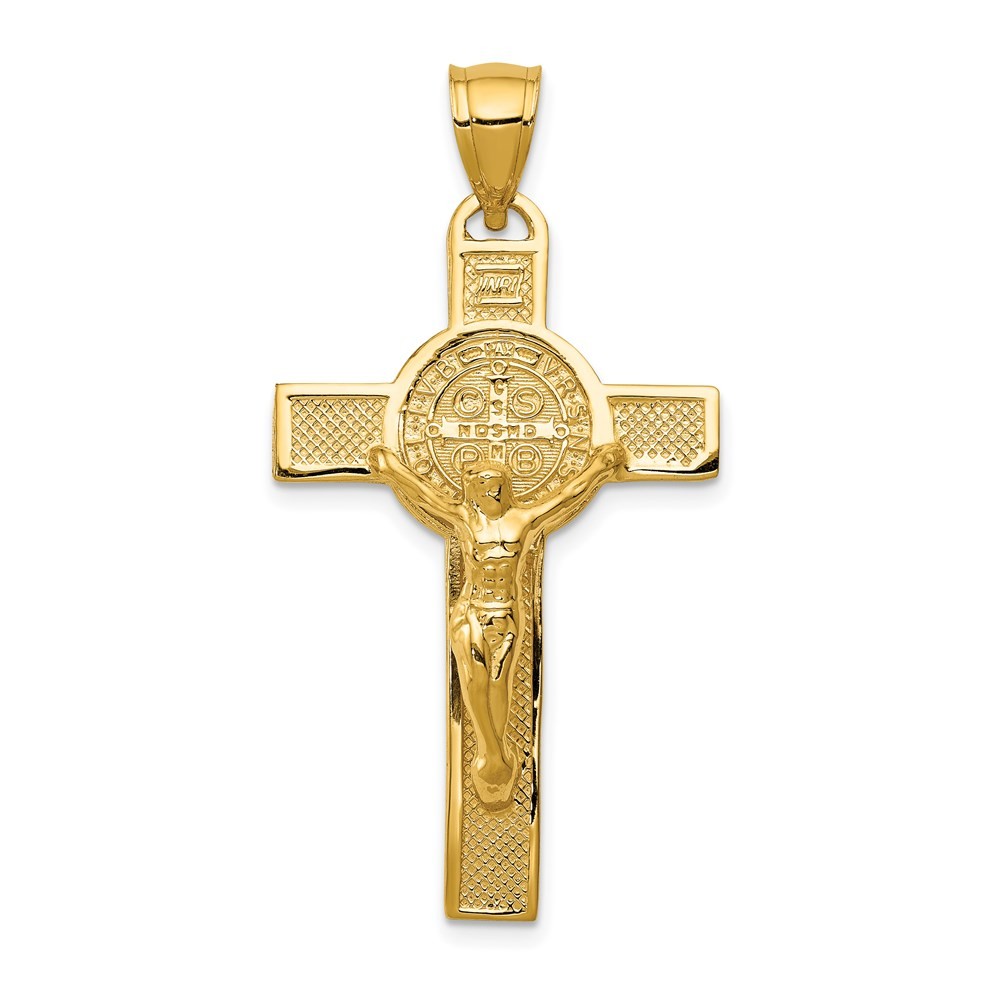 14K Gold Polished San Benito Solid 2-Sided Crucifix Pendant; Length 42.75 mm