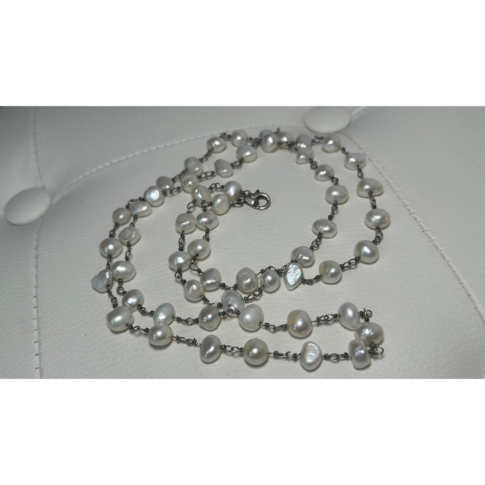 Freshwater Pearl Necklace Opera 35in White Baroque Sterling Silver 925 Station