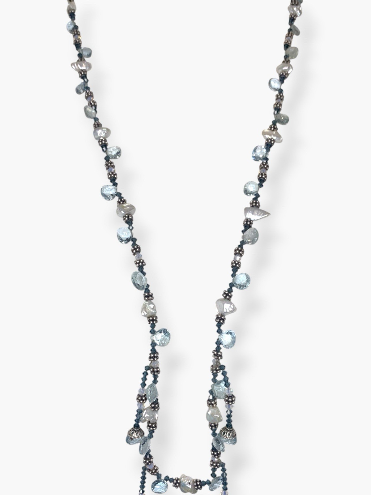 925 Sterling Silver Baroque Pearl Briolette Gemstone Fringe Beaded Necklace 32in