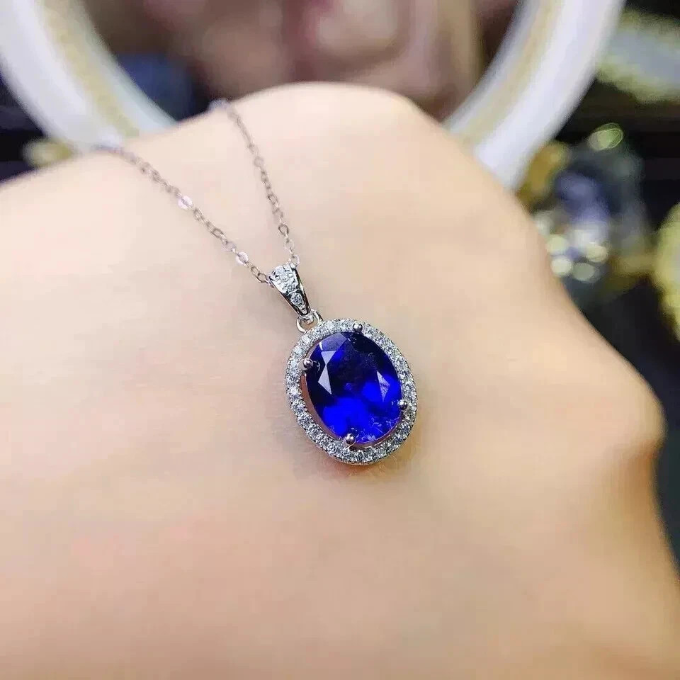 4.80Ct Oval Cut Natural Blue Sapphire & Diamond 14K White Gold Luxurious Pendant