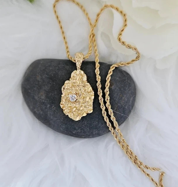 14K Yellow GoldPlatedDiamond Nugget Charm Pendant w/24″ Chain Necklace For Men’s