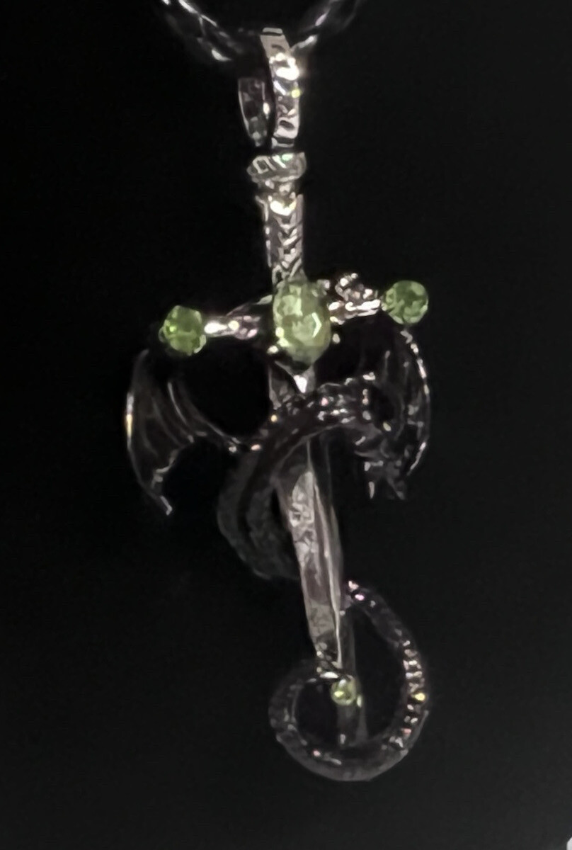 Metal Dragon Sword 2″ Pendant Prasiolite Green Stone 16-18″ Leather Necklace