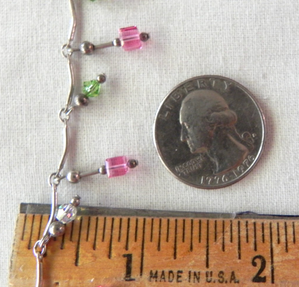 Dainty Sterling Silver Drop Station Necklace Curved Bar Link Pink crystal beads
