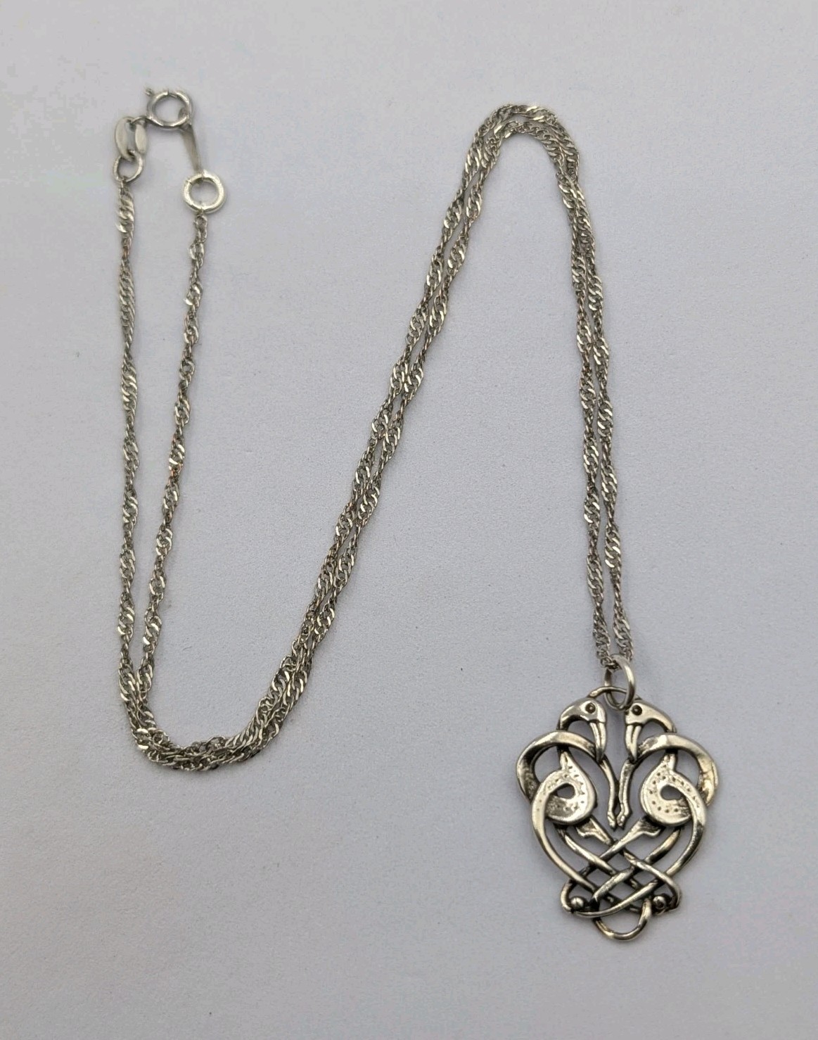 Artisan 925 Sterling Silver Celtic Love Birds Pendant 18.75″ Singapore Necklace