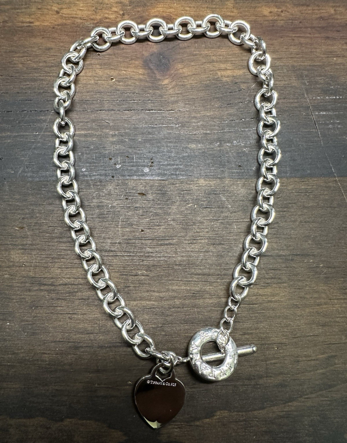 Tiffany & Co. 925 Sterling Silver Heart Tag Charm Toggle Round Link Necklace