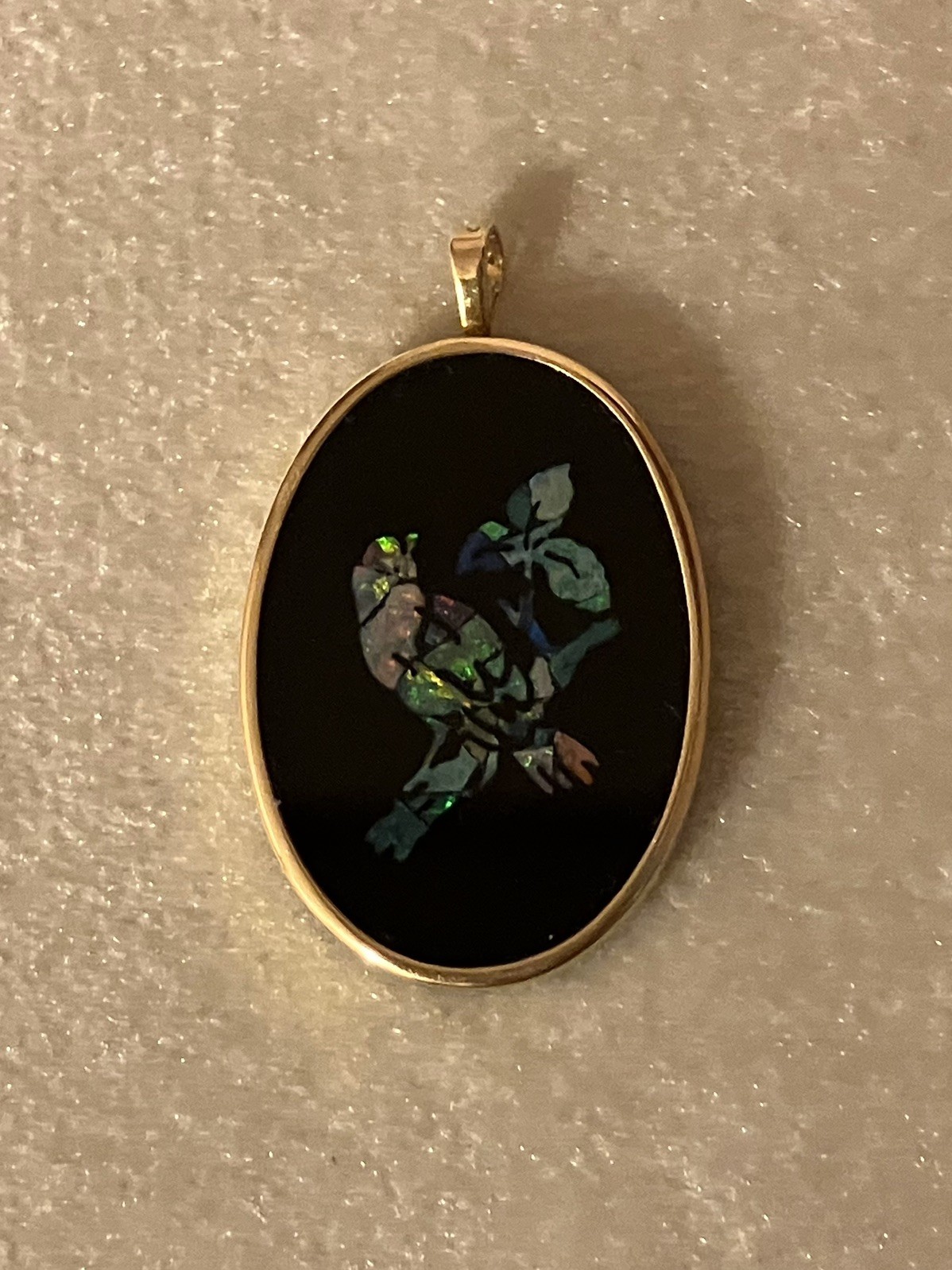 Vintage 585 (14k) Yellow Gold Opal and Black Onyx Inlay Bird on Branch Pendant