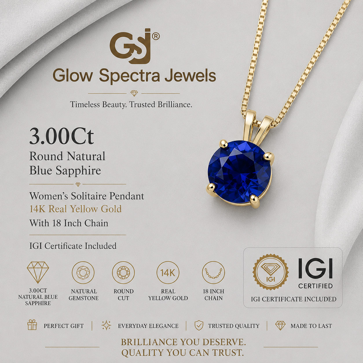 3 Ct Round Natural Blue Sapphire Women’s Solitaire Pendant 14K Real Yellow Gold