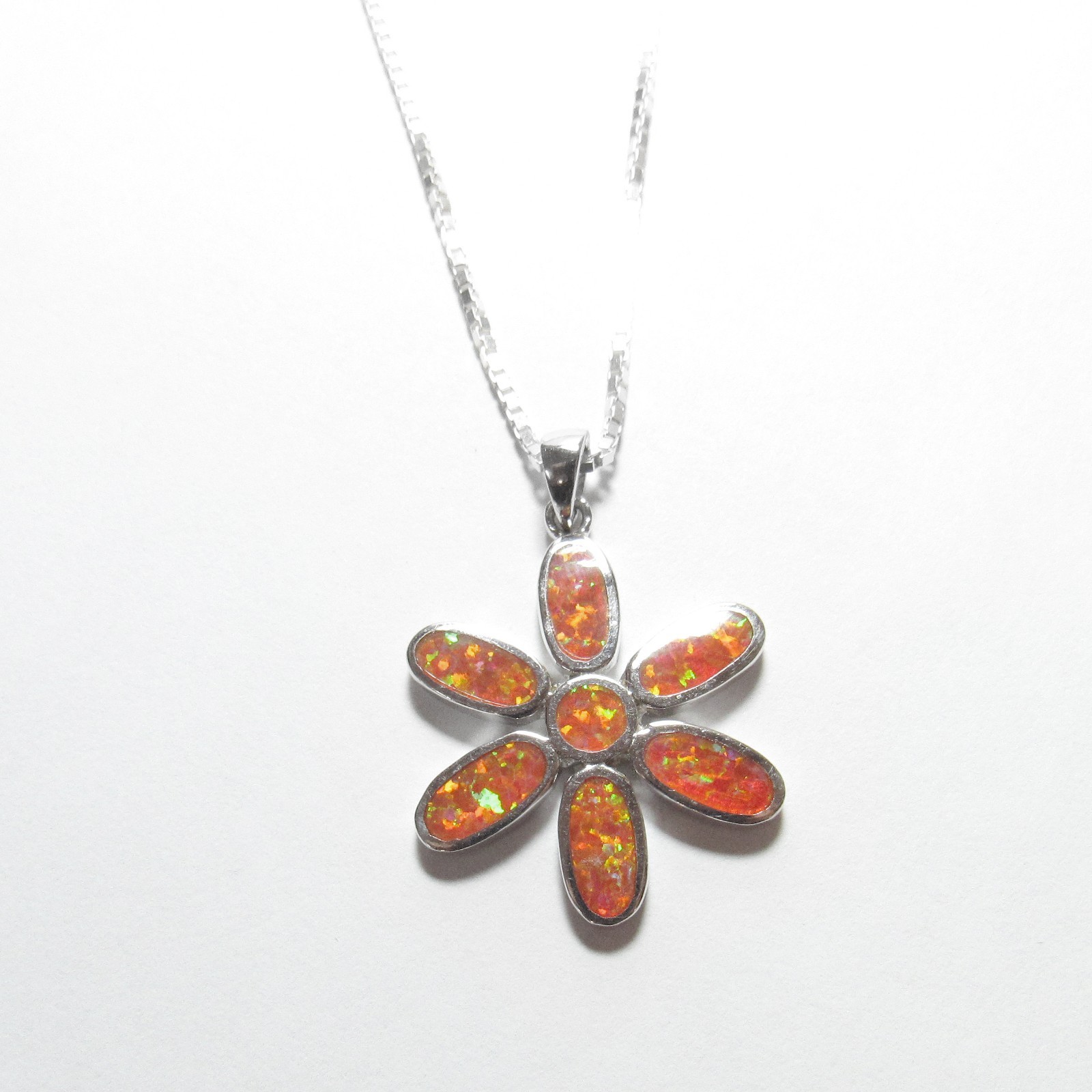 Sterling Silver Lab Created Orange Fire Opal Daisy Flower Pendant And Box Chain