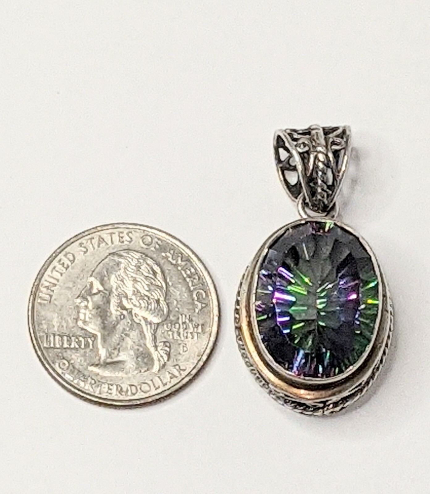 22.8ct Quantum Cut Bezel Set Mystic Topaz Sterling Silver Filigree Pendant 1.5″