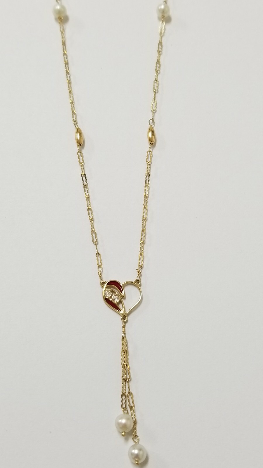 Heart Lariat Necklace With Pearls, 14k Yellow Gold Red Enamel, CZ’S, 16″ Long