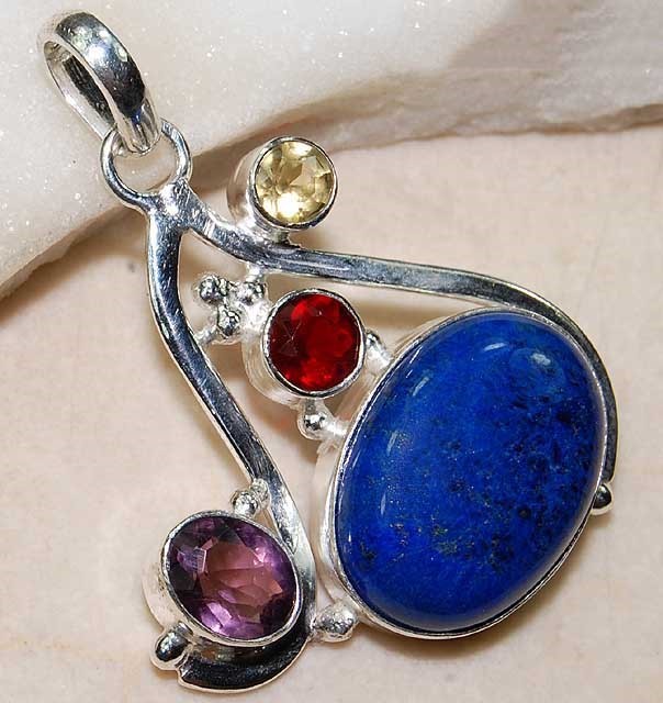 18CT Natural Lapis Lazuli & Citrine 925 Sterling Silver Pendant @B19-1