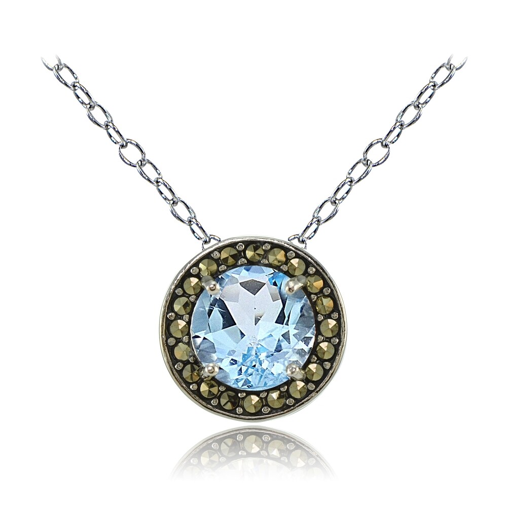 Sterling Silver Blue Topaz and Marcasite Halo Necklace