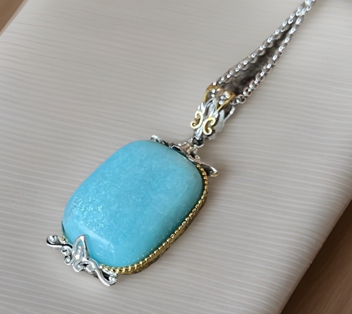 Peruvian Amazonite Cushion Cut Pendant W/Chain 925 Sterling Silver Jewelry