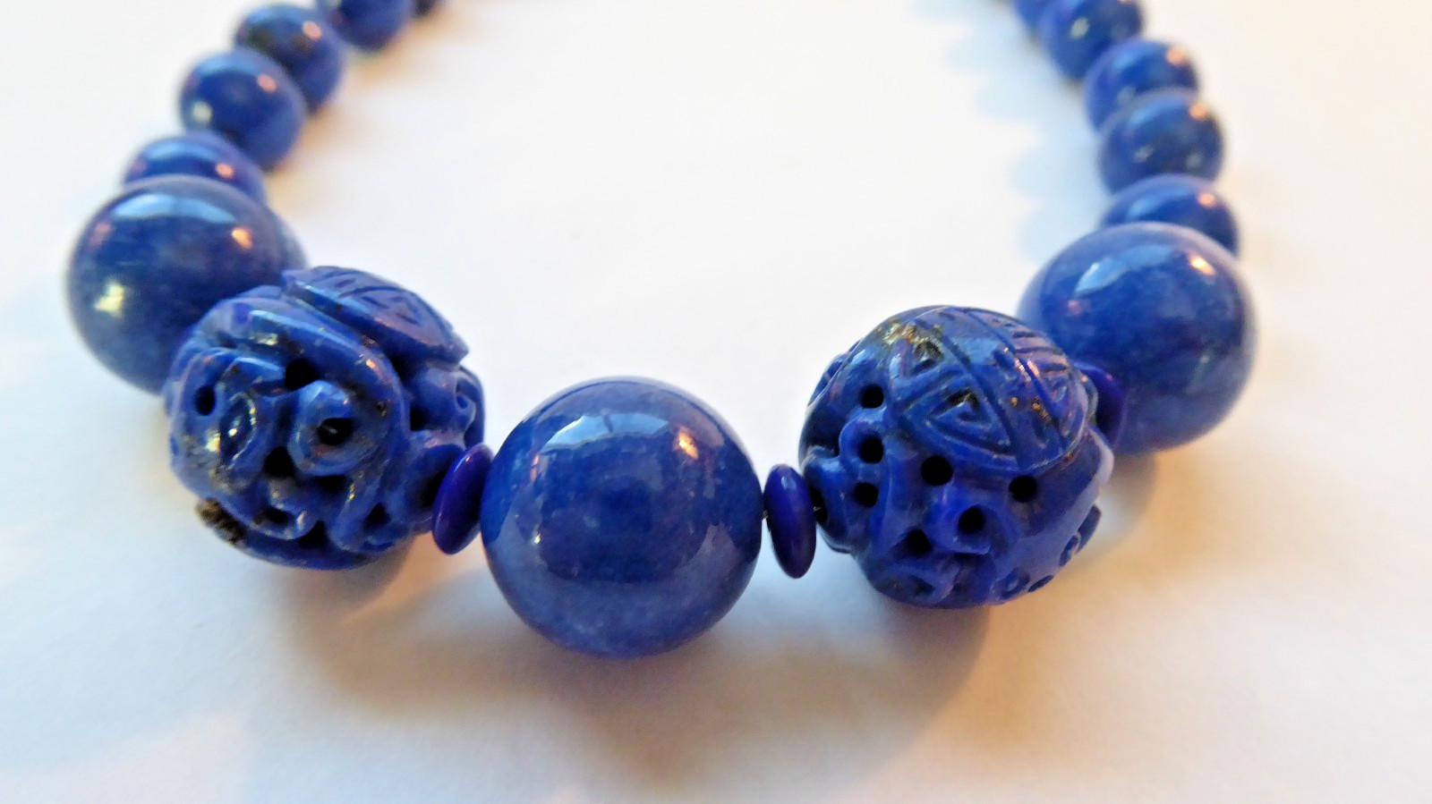 Carved Lapis Lazuli Bead Statement Necklace 15″ long 15mm & 9mm Round beads Asia