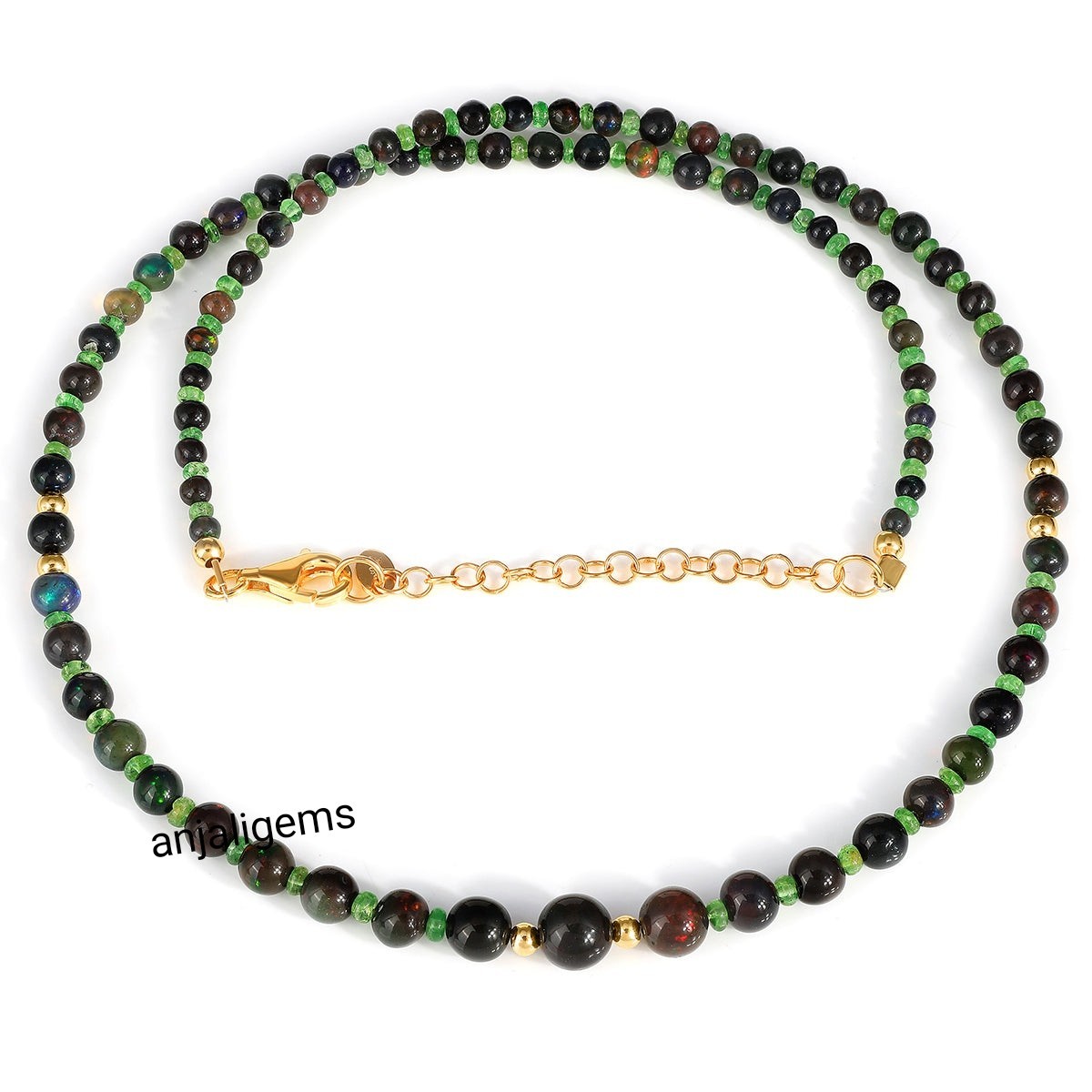 AA+ Natural Black Ethiopia Opal And Emerald Gemstone Beads Necklace In 925Silver