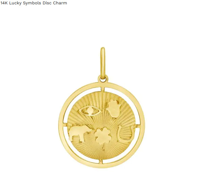 14k Yellow Gold Lucky Symbols Disc Charm Pendant 32MM 3.4 Grams